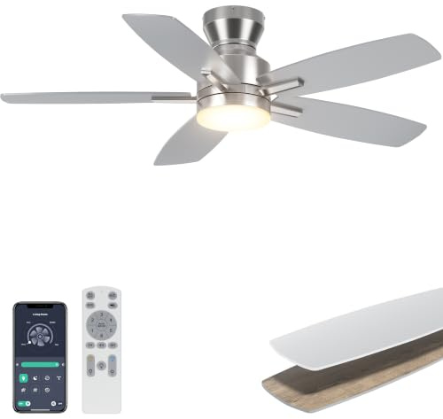 Ohniyou 42'' Low Profile Ceiling Fan with Light, Remote/APP Control, Silver | Dimmable 3CCT LED, Quiet Reversible DC Motor, 4400 CFM, Memory Function, Modern Flush Mount Ceiling Fans for Bedroom Kitchen