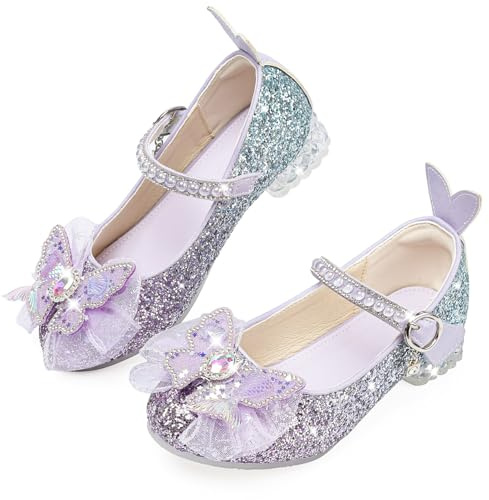 GOGOUP Scarpe da Principessa Bambina Scarpe Bimba Tacco Scarpe Glitterate Tacchi Ragazza Scarpe Cosplay con Paillettes Eleganti per Cerimonia Festa Cosplay Matrimoni Viola EU33
