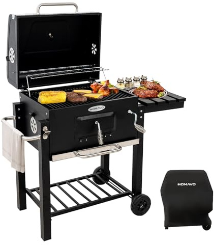 HOMAVO Holzkohlegrill, Klappbarer Grill mit Deckel, Grillfläche 56×42,5 cm, Höhenverstellbarer Kohlekorb, Klappbarer Seitentisch und Schutzhülle inklusive