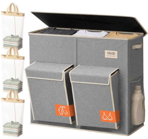 SOLEDI 220L Wäschekorb mit Deckel, Wäschesammler 3 Fächer mit 2 Seitentaschen, Laundr Baskets mit 3 Wäschesack, Wäschesortierer Groß XXXL für Badezimmer, Schlafzimmer, Waschküche