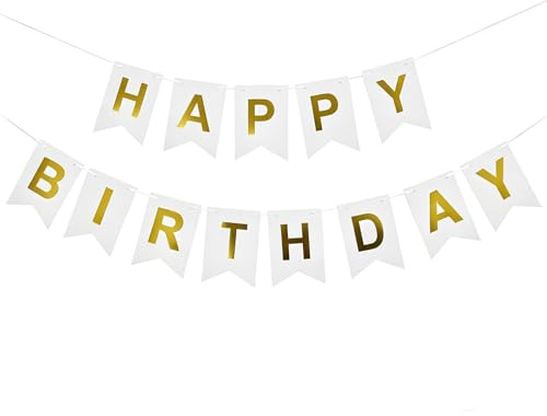 Fesnova Happy Birthday Girlande, Weiß Gold Banner Happy Birthday, Girlande Geburtstag, Party Girlande, für Erwachsene und Kinder Geburtstag Party Dekoration