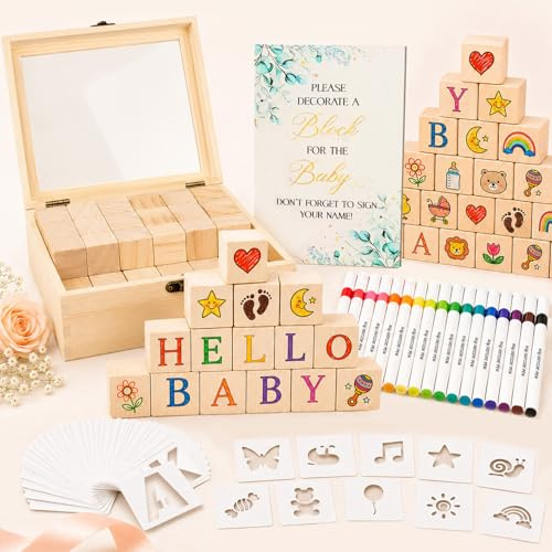 Giftota 128 Stück Babyparty Spiele Set – Babyshower Spiele für Gäste mit 52 Holzwürfeln zum Bemalen, 50 Schablonen, 24 Acrylstiften, Holzschild & Holzbox als Geschenkidee zur Babyparty & Gender Reveal