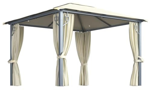 Owoxanthellate Pavillon 300x300x270 cm Creme Alu Gestell mit Vorhängen LED Lichterkette Solarpanel für Garten Terrasse Balkon Grillunterstand Modernes Design