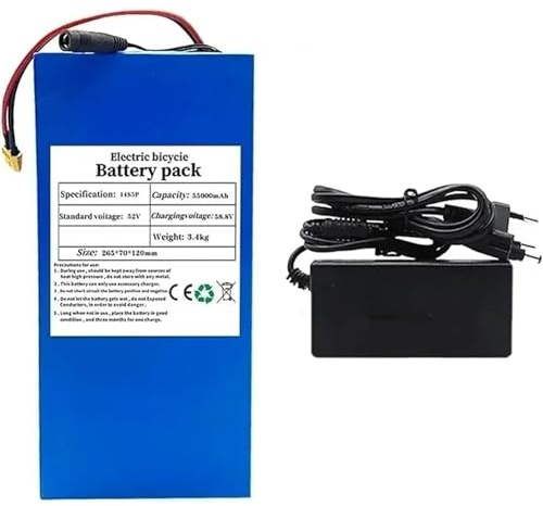 52V 55Ah 14S5P Batterie Rechargeable pour Vélo Électrique, Compatible avec Les Moteurs De 0 À 1000W, avec Chargeur Et BMS(XT90+DC)