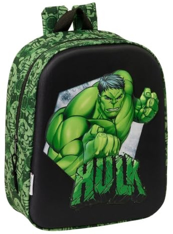 SAFTA | Mochila Escolar Guardería Hulk 3D, Frontal Rígido en Relieve, Compartimento Principal con Cremallera, Bolsillo Lateral Portabotellas, Asa Superior, Infantil Vuelta al Cole, Medidas 22x10x27 cm
