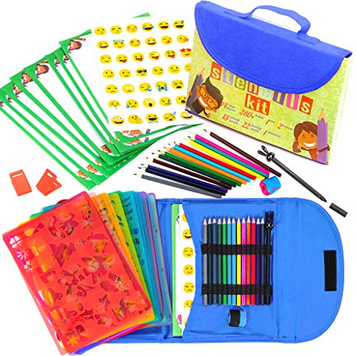Art with smile Zeichenschablonen für Kinder-Set und Tragetasche – – kindersicheres, ungiftiges Schablonen-Set mit 300 Formen, Buntstiften, Papier usw. – Reise-Kunstzubehör für Kreativität, Lernen
