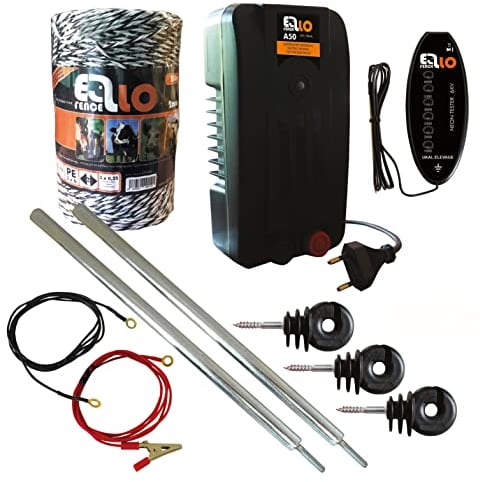 Ellofence Hobby Weidezaun Starterset Plus Litze - komplett mit Weidezaungerät, Weidezaunlitze, Erdpfahl und Isolatoren und Tester - Extrem leises Gerät! 230V