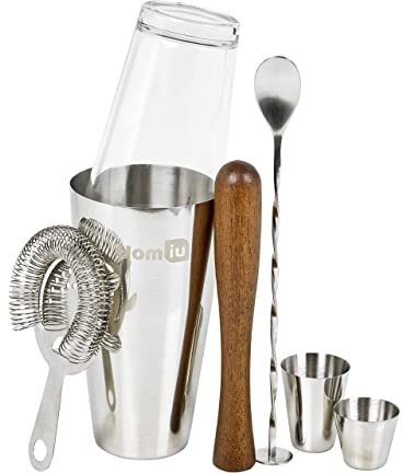 Homiu Cocktail Set Deluxe Gift, 7-Piece Stainless Steel Bar Set Includes 25 and 50 ML Bar Measures Twisted Bar Spoon Strainer Wooden Muddle, Recipe Book and Presentation Box