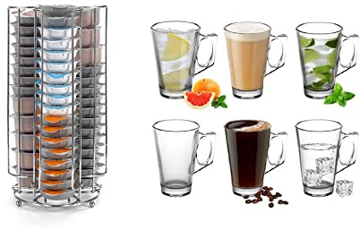 Vinsani Coffee Pod T-Disc Holder - Chrome 3 Tower Storage Stand for 48 Coffee Capsules, 48 Pod Capacity - Includes 6 Latte Glasses with Handle