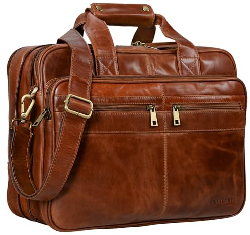 STILORD 'Alexander' Lehrertasche Herren Leder Vintage Aktentasche Laptoptasche Bürotasche Businesstasche groß XXL Umhängetasche mit Dreifachtrenner, Farbe:cognac - glänzend