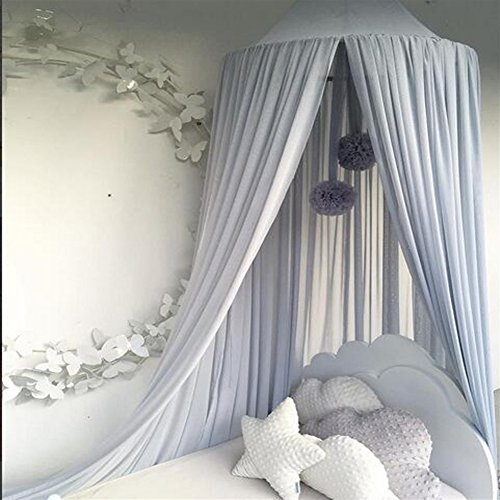 Ommda Moskitonetz Bett Kinder und Baby Betthimmel Moskitonetz Chiffon süß und romantisch für Kinderzimmer und Schlafzimmer mit Haarball Dekoration Grau Blau 240x50cm (HöhexDurchmesser)