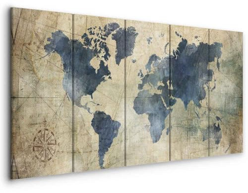 murando Quadro Mappamondo 225x90 cm 5 pezzi Stampa su tela in TNT XXL Immagini moderni quadri Murale Fotografia Grafica soggiorno Decorazione da parete Rosa dei venti blu it-k-A-0415-b-m-l