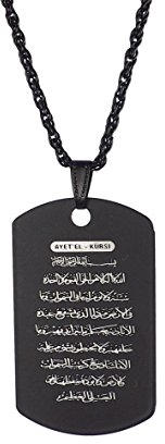 Gök-Türk Halskette Künye für Herren Unisex mit Dog Tag Anhänger Ayetel Kürsi Gebet Dua aus dem Koran - schwarz