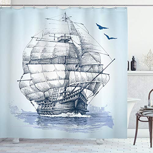 ABAKUHAUS Vintage Boat Duschvorhang, Old Ship at Sea, Stoffliches Gewebe Badezimmerdekorationsset mit Haken, 175 x 240 cm, Babyblau Dunkelblau