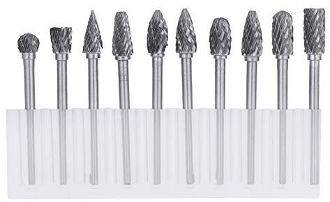Juego de 10 rebabas rotativas de doble corte de carburo de tungsteno, vástago de 1/8 pulg, 1/4 pulg de cabezales, limas rotativas para amoladoras de troqueles, tallado en madera de metal