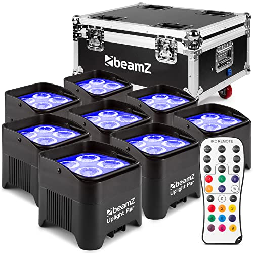 BeamZ BBP94 LED Uplight LED Par Strahler, 8er Set im Ladecase, 10 x 4 Watt, Bühnenbeleuchtung Set für DJ Pult, Bühnenlicht, DMX-LAN, Partylicht Musikgesteuert, Bühnenequipment, mit Fernbedienung