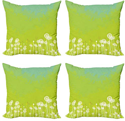 ABAKUHAUS Löwenzahn Dekokissen Kissenbezug 4er Pack, Wilde Löwenzahn-Blüten, Modern Accent Doppelseitiger Digitaldruck, 40 x 40 cm, Apfelgrün Seafoam