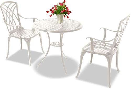 Homeology OSHOWA White Cast Aluminium Weatherproof Outdoor Table with 4 Chairs Bistro Set