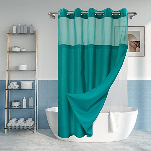 Rideau de douche texturé flammé sans crochet avec doublure en PEVA à boutons-pression – 180 x 188 cm (182,9 cm), style hôtel avec fenêtre sur le dessus transparent, lavable en machine et hydrofuge,