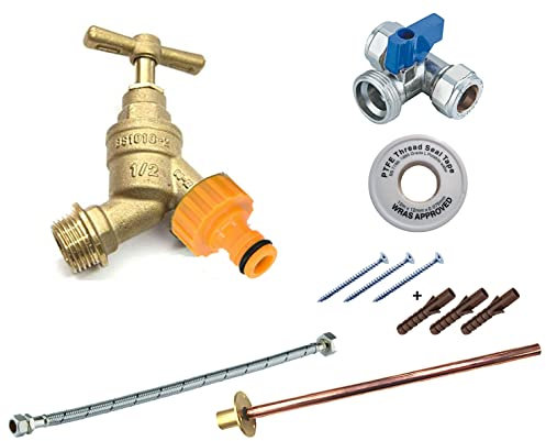 Pipestation® Kit complet de robinet extérieur pour tuyau d'arrosage + tube de plaque murale + PTFE + connecteur + flexible + isolateur
