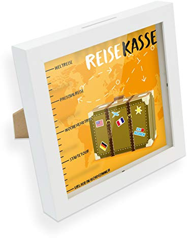 itenga Bilderrahmen Spardose – Geldgeschenk Rahmen mit Schlitz – Sparrahmen mit Umschlag – kreative Geschenkidee für Verschiedene Anlässe 20x20cm (Motiv Reisekasse)