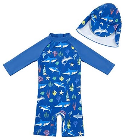 upandfast Netter einteiliger Badeanzug mit Sonnenhut für Babys und Kleinkinder(Blauhai,24-36 Monate)