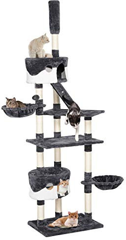 costoffs Floor to Ceiling Cat Scratching Posts Adjustable Height Tree Climbing Tower Multiple Level Large Cats Tower, Dark Grey/White