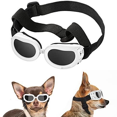 Lewondr Lunettes pour Chiens, Lunettes de Soleil pour Animaux de Compagnie Réglables, Lunettes de Protection Étanche à la Poussière Anti-UV, Coupe-Vent Imperméable pour Petit Chien Moyen Chat - Blanc