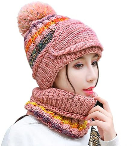Qchomee 3 en 1 Ensemble Bonnet Écharpe de Cercle Masque Facial Femme Cache-Cou Hiver Chapeau Tricoté Thermique avec Pompon Tour Cou Polaire Epais Cagoule d'extérieur Ski Snowboard Cyclisme Rose2