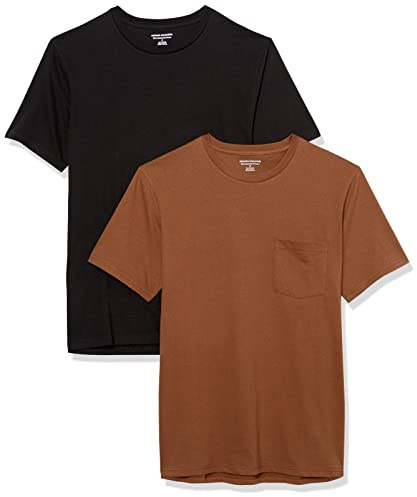 Amazon Essentials Men's Short-Sleeve Crewneck Pocket T-Shirts, Pack of 2, Black/Brown, XS