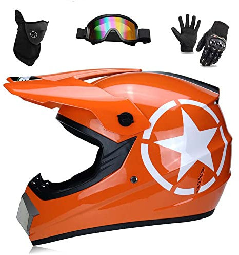 WEITY Motocross-Helm, Brille, Handschuhe, Maske 4-teiliges Set, MTB AVT Motorrad-Crosshelm, DOT-geprüft, geeignet für Erwachsene, Kinder, Männer und Frauen (orange five star,XL)