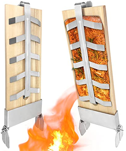VA-Cerulean Flammlachsbrett Flammlachsbretter mit Edelstahl Halterung 2 Stücke Zedernholzbrett zum Grillen 5 Stufen Einstellbar Grillbretter Für Feuerschale kugelgrill Grillzubehör