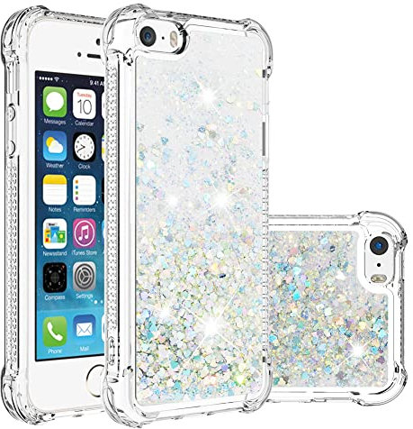 IMEIKONST Glitzer Hülle Kompatibel mit iPhone 5S, Handyhülle Flüssig Mädchen Treibsand Schuzhülle Glitzer klar Stoßfest TPU Bumper Silikon Case für iPhone 5 / 5S / SE. Love Silver YBW