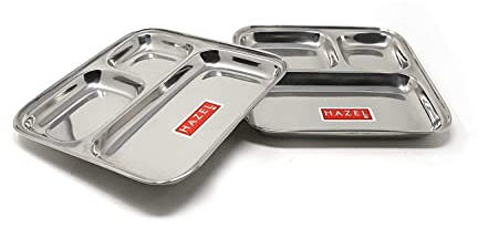 Hazel Compartment Plate Set of 2 | Pav Bhaji Plates for Restaurant| Steel Bhojan Thali | Steel Plate with Compartments for Event, Party | 25 cm