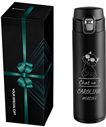 Maverton Mug isotherme personnalisé - Bouteille isotherme 400ml avec gravure pour femme - Mug de voyage en acier inoxydable - pour anniversaire - pour elle/amie/maman - chat