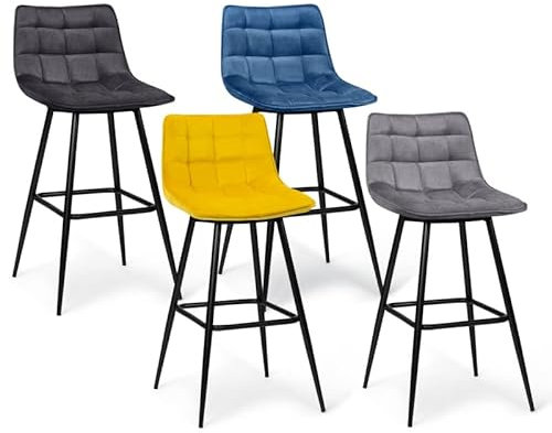 IDMarket - Lot de 4 tabourets de Bar Mady en Velours Mix Color Bleu, Gris Clair, Gris foncé, Jaune