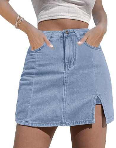 luvamia Skorts Skirts for Women Denim Mini Skirt Side Slit with High Wasited Jean Shorts Stretchy Jean Shorts Women Womens Skorts for Summer Denim Mini Skirt Y2K Going Out Skirts Blue Fog Size Large