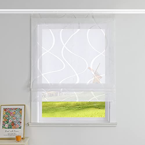 CORLIF Raffrollo Ausbrenner Gardinen Küchen Raffgardinen Landhaus Transparente Bändchenrollo mit Wellenmuster Kurzvorhang Modern Rollos mit Klettband Weiß BxH 120x140 cm 1 Stück