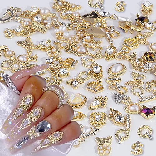 Dornail 50 Stück Gold Nail Charms,Mix Styles Glitzersteine Nägel Perle Legierung Nagel Steine Blume Schmetterling Strasssteine Nägel Herz Stern Nagel Charms DIY Nail Art Zubehör Frauen nägel Deko