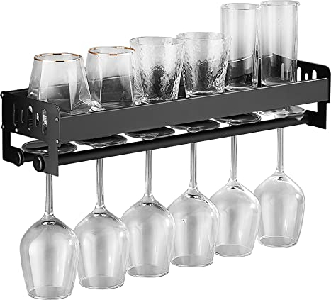 WORDFUN Doble Capa Montado En La Pared Bastidor De Copas De Vino, Casa Cocina Vino Cristal Soporte, Aluminio Metal Negro Colgador Copas, for Copa con Un Diámetro Inferior Superior A 6 Cm
