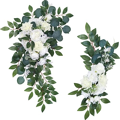 Fouriding Künstliche Hochzeit Bogen Blumen Kit, Hochzeit künstliche Blume Swag Hochzeit Willkommen Zeichen Blumendekorationen für Hochzeitszeremonie Empfang Backdrop Deko (Weiß)