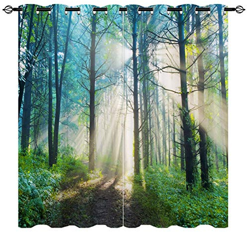 YUANZU Wald Vorhänge Bäume Natürliche Landschaft Ösen Gardinen mit Blickdichte Thermo Vorhang Kälteschutz Blackout Curtain Kinderzimmer Schlafzimmer Verdunkelung Fenster, 2 Stück, H 245 x B 140 cm