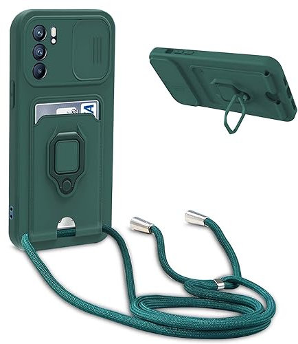YFSYLL Funda con Cuerda Compatible con OPPO A16 / A16S / A54S,Ajustable Collar de Cuello Cordón Carcasa de Silicona,Protección de la cámara Funda,Anillo Soporte,Ranuras para Tarjetas,Verde Oscuro