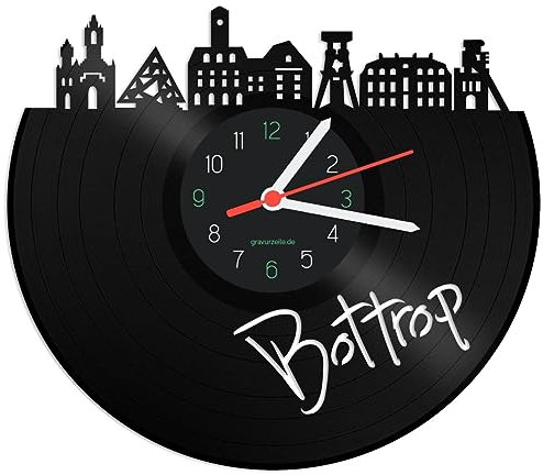 GRAVURZEILE Schallplattenuhr - Skyline Bottrop - Wanduhr aus gegossenem Vinyl mit Stadt Skyline 30 cm - Upcycling Designer Uhr - Moderne Wanduhr im Retro Vintage Style - Made in Germany