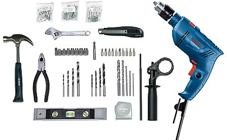 Bosch Professional: GSB 600 - Taladro percutor (motor de 600 W, mango adicional, juego de accesorios de 100 piezas, maletín)