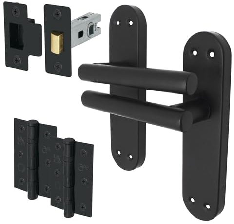 EAI Black Door Handle Latch Set | Matt Black Internal Lever T-Bar Handles on Backplate with Hinges (76mm) & Latch (64mm) | Oliena Range