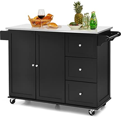 COSTWAY Carrito de Cocina, Carrito de Servicio Móvil con 3 Cajones, Carrito de Isla de Cocina con Encimera de Acero Inoxidable, Armario de 2 Puertas, Toallero y Especiero (Negro)