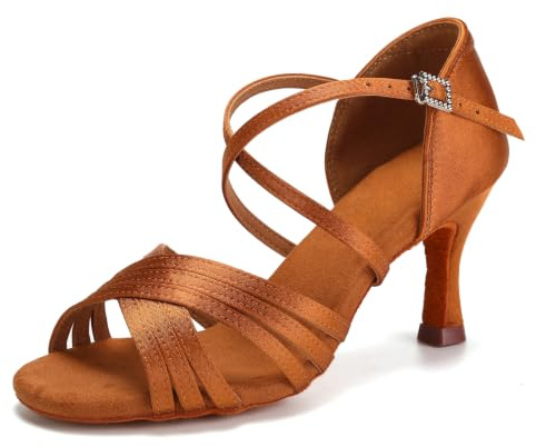 SWDZM Scarpe Latino Donna in Raso, Suola Camoscio per Salsa e Tango | Spalline incrociate regolabili, Fibbia decorativa con pietre, Tacco stabile da ballo, Fodera interna confortevole