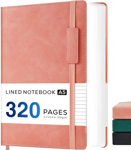 Notizbuch A5 Liniert, Hardcover Leder Tagebuch für Erwachsene, 320 Seiten, 100 g/m² Tintenfestem Papier, Geeignet für Männer und Frauen zum Schreiben bei der Arbeit, 14 x 21 cm, Rosa