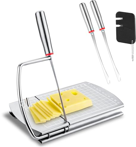 Cortador de Queso, Acero Inoxidable Cortador de Mantequilla con 2 Cuchillas de Repuesto y Afilador de Cuchillos Tabla Cortadora de Queso Rebanador de Mantequilla para Quesos Mantequilla